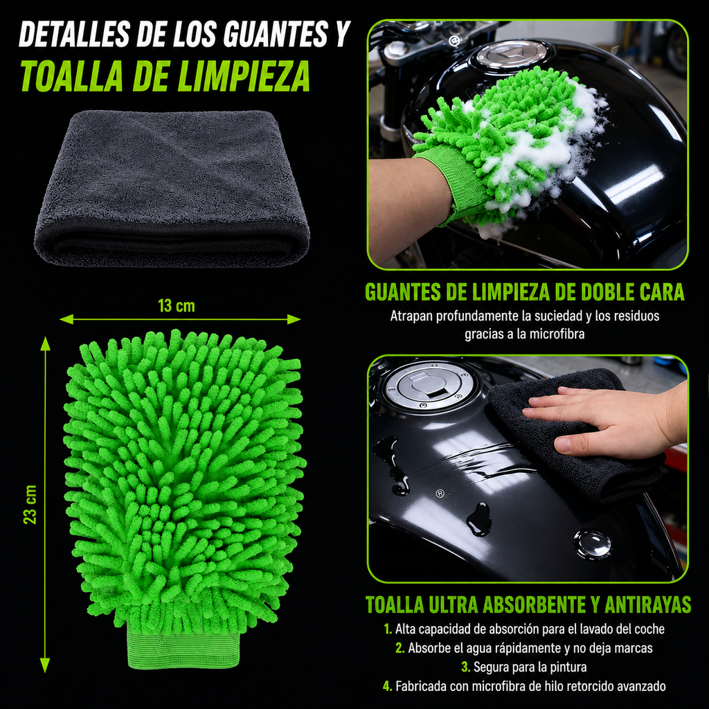 Kit Profesional de Limpieza para Moto | Cepillos Premium, Microfibra y Accesorios | AURA Moto Care Kit
